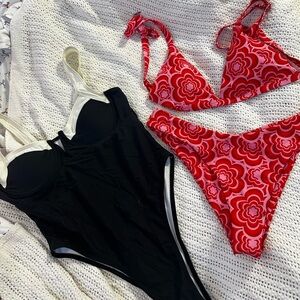 Black One-Piece Swimsuit and Red Floral Bikini Set Bundle